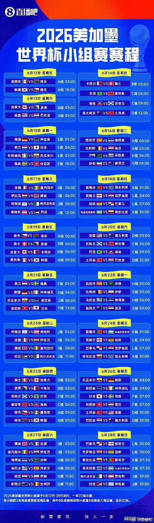 2026世界杯小组赛赛程一览高清直播实时查看